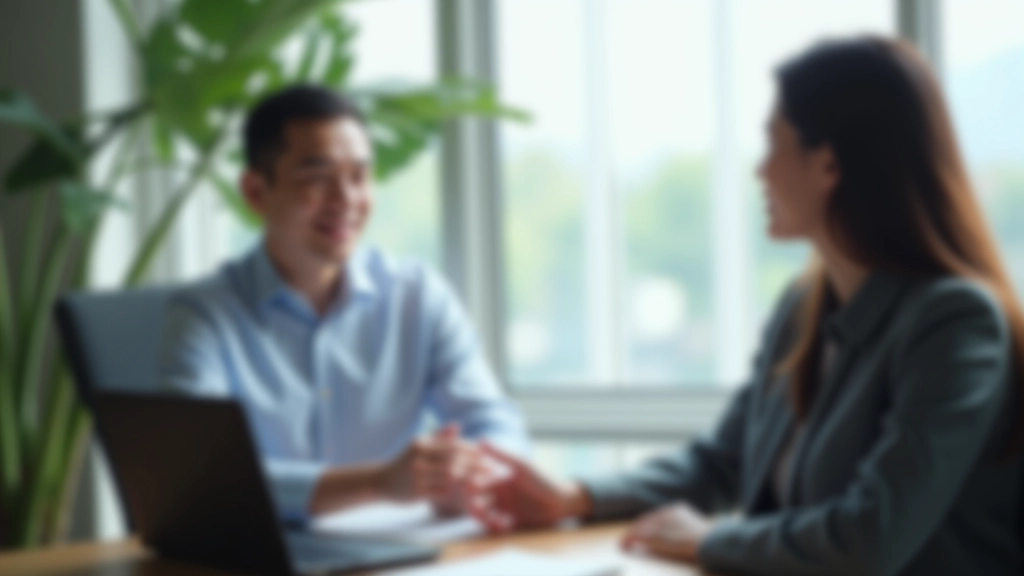 Manager having one-on-one conversation with team member, sitting at desk with relaxed body language and attentive posture