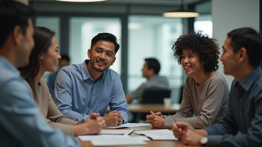 Team of diverse professionals collaborating in a modern office setting with positive energy and engagement