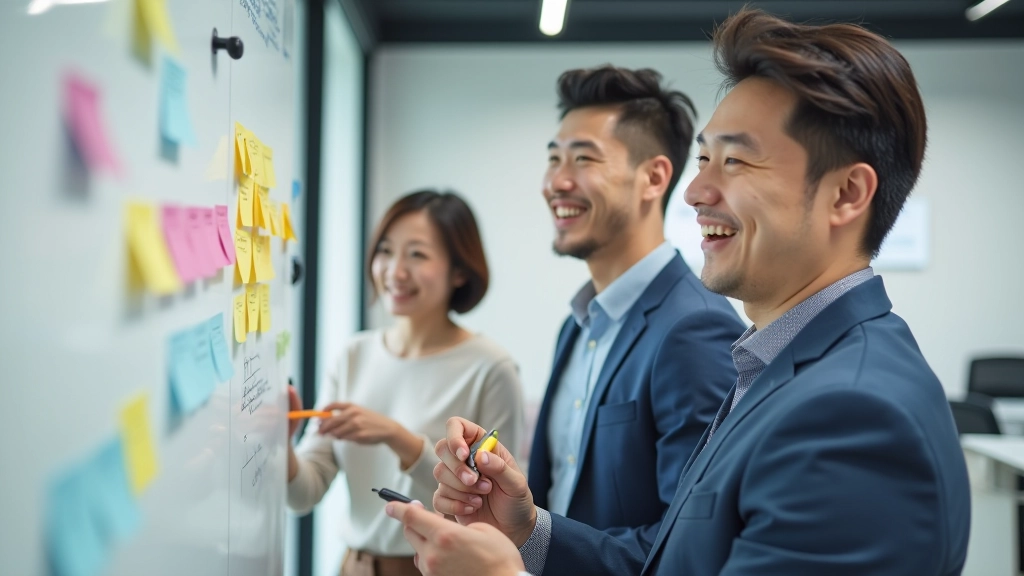 Diverse group of professionals collaborating around a whiteboard with sticky notes, brainstorming and sharing ideas in an inclusive team environment